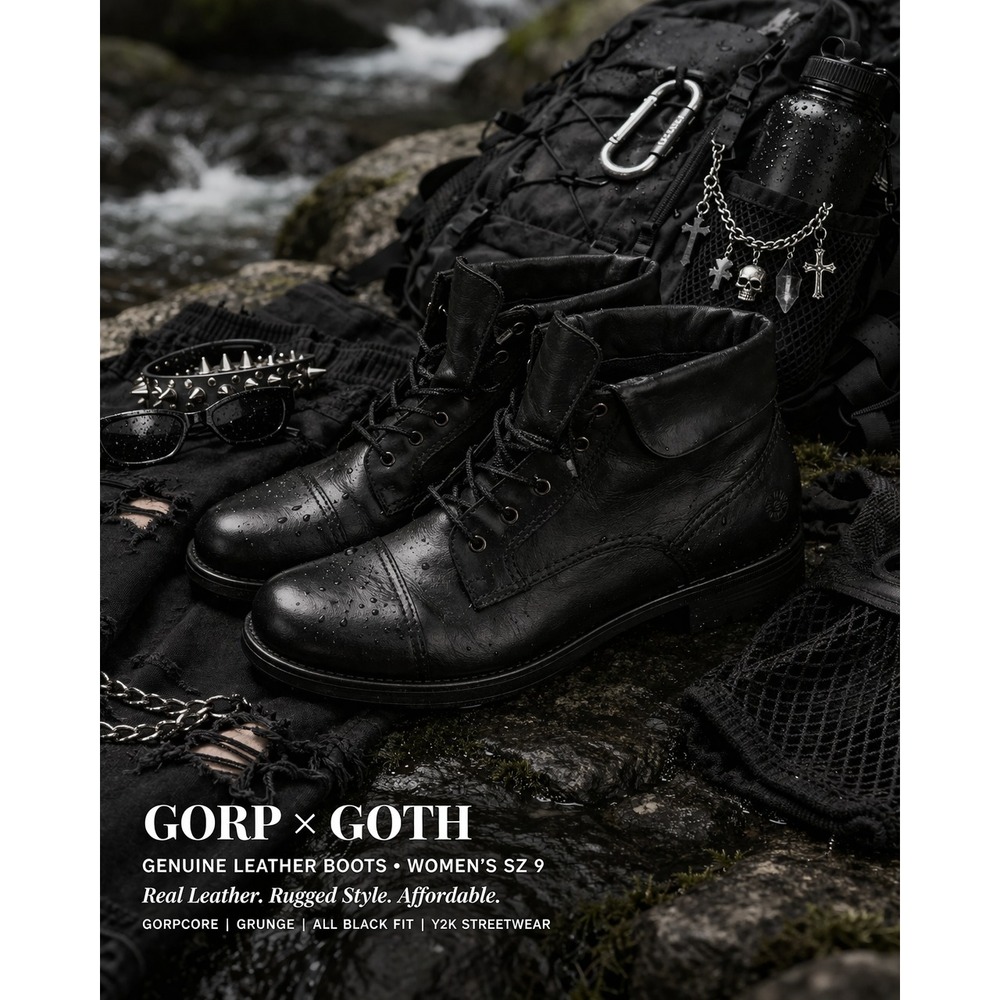Earth Spirit Yasmin Black Leather Ankle Boots Womens 9 Comfort Lace Up Gorp Goth